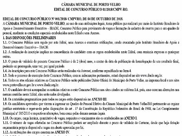 Câmara de Vereadores de Porto Velho publica edital com 15 vagas