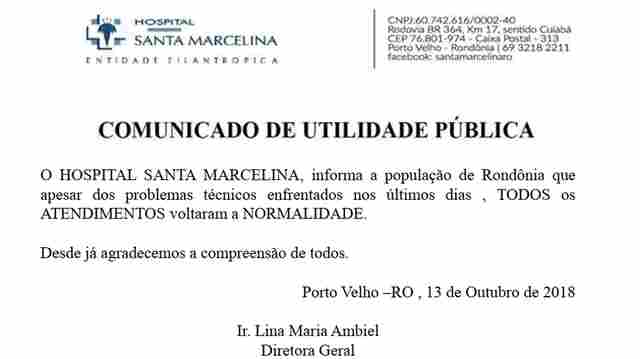 Hospital Santa Marcelina normaliza atendimento em Porto Velho