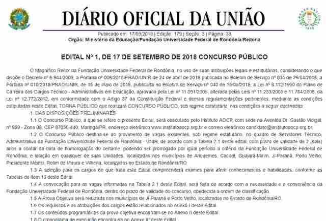 Inscrições para concurso da Unir com salários de até R$ 4.180,66 seguem até segunda-feira