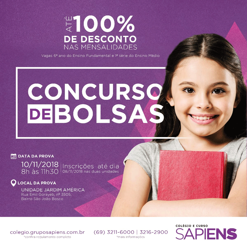 Grupo Sapiens lança edital do concurso de bolsas para alunos de escolas públicas e privadas de Porto Velho