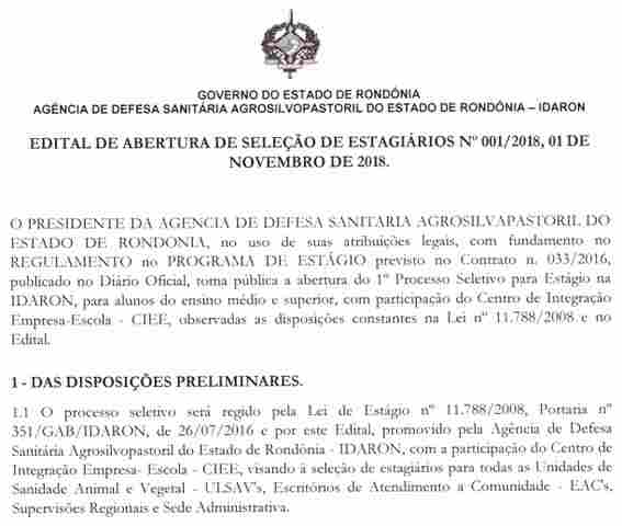 Idaron realiza seleção de estagiários para níveis médio e superior