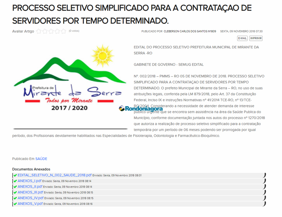 Inscrições para processo seletivo da Prefeitura de Mirante da Serra encerram nesta terça-feira;