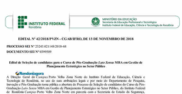 Ifro abre inscrições para pós-graduação MBA em Gestão de Planejamento Estratégico no Setor Público