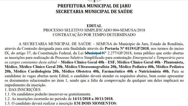 Prefeitura de Jaru abre inscrições para selecionar profissionais da saúde com salários de até R$ 6,5 mil