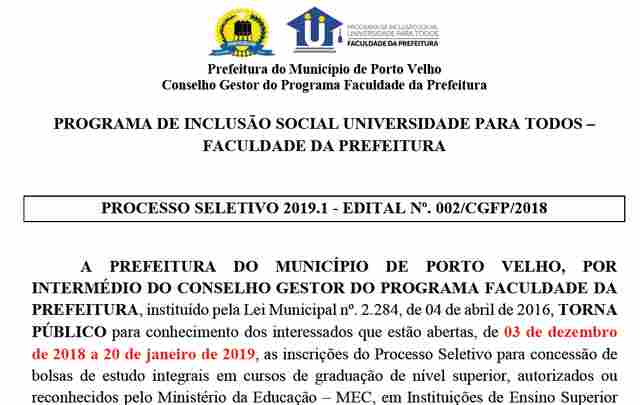 Sai o edital da seleção para bolsistas do programa Faculdade da Prefeitura de Porto Velho