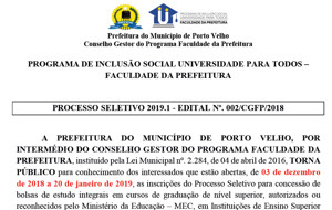 Sai o edital da seleção para bolsistas do programa Faculdade da Prefeitura de Porto Velho