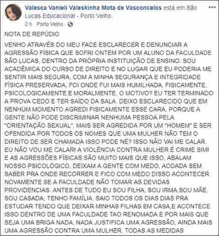 Estudante denuncia agressão dentro de centro universitário em Porto Velho