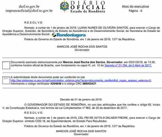 Diário Oficial publica as primeiras nomeações do novo Governo de Rondônia