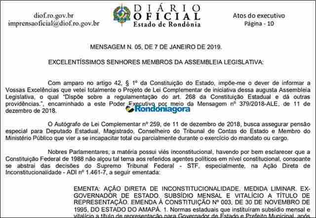 Governador veta projeto de Lei que regulamentaria nova pensão a deputados, conselheiros e membros do TJ e MP