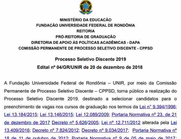 Começam as inscrições para o processo seletivo da UNIR 2019