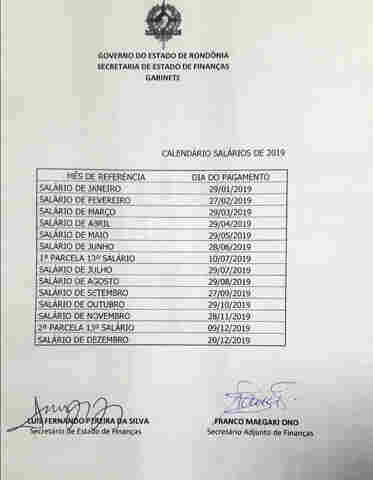 Governo divulga calendário de pagamento dos servidores estaduais em 2019