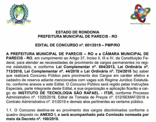 Prefeitura e Câmara de Parecis abrem concurso com 22 vagas e salários de até R$ 8.175