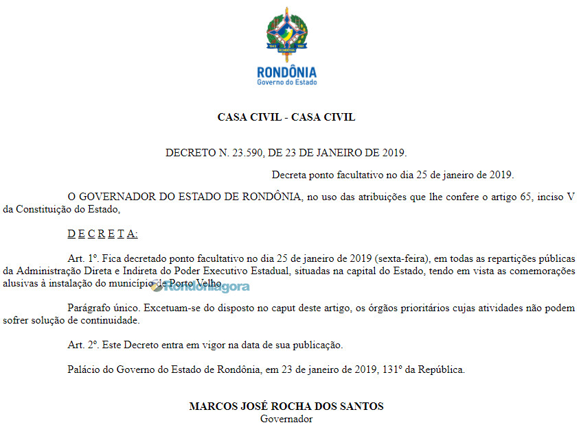 Governador decreta ponto facultativo e órgãos públicos não abrem na sexta-feira