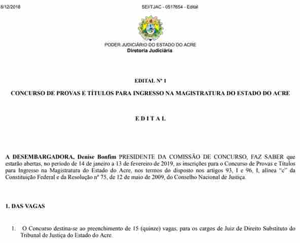 Tribunal de Justiça do Acre tem inscrições abertas para 15 vagas de juiz, com salário de R$ 30 mil