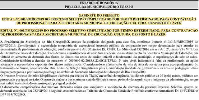 Prefeitura de Rio Crespo abre inscrições para cargos com salários de até R$ 2.367,76