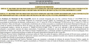 Prefeitura de Rio Crespo abre inscrições para cargos com salários de até R$ 2.367,76