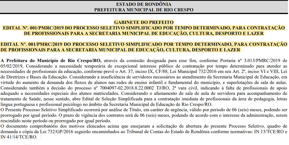 Prefeitura de Rio Crespo abre inscrições para cargos com salários de até R$ 2.367,76