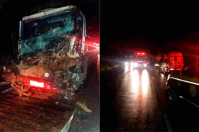 Motorista colide com o caminhão em carreta e fica preso às ferragens na BR-364