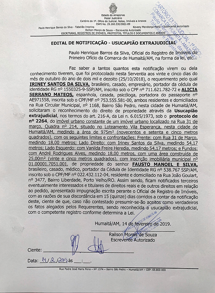 Edital de Notificação - Usucapião Extrajudicial - Primeiro Ofício da Comarca de Humaitá