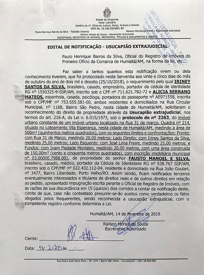 Edital de Notificação - Usucapião Extrajudicial - Primeiro Ofício da Comarca de Humaitá