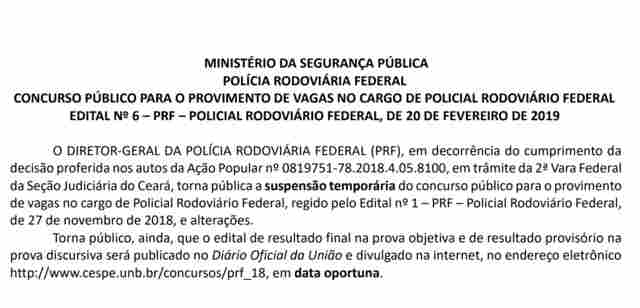 Concurso da PRF é suspenso por decisão da Justiça do Ceará
