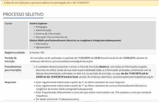 Semed de Ji-Paraná prorroga prazo de inscrições para estágio de nível médio técnico e superior