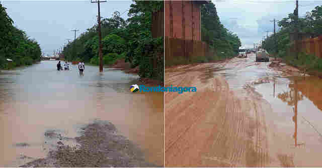 Lama e buraqueira tomam conta da Estrada do Belmont após nível do Madeira baixar