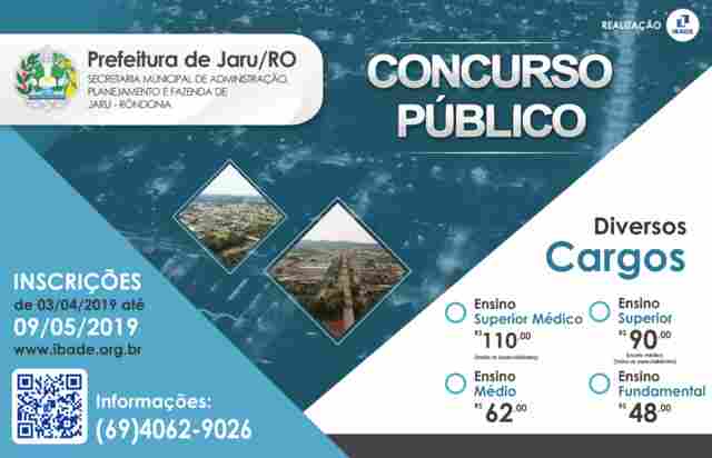 Prefeitura de Jaru, Câmara Municipal e Jaru-Previ lançam editais de concurso com mais de 100 vagas