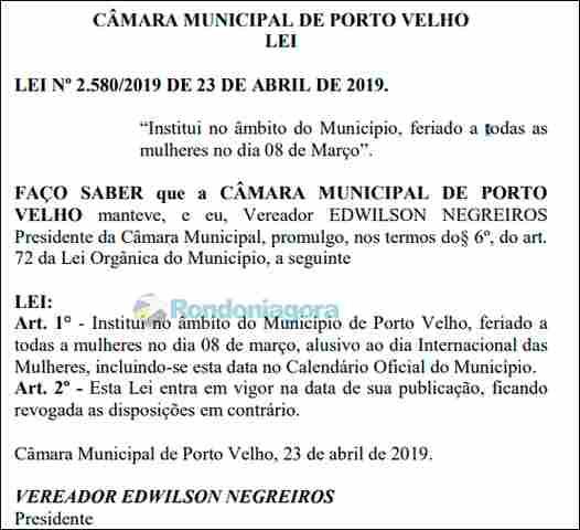 Promulgada Lei em Porto Velho que decreta feriado o dia da mulher