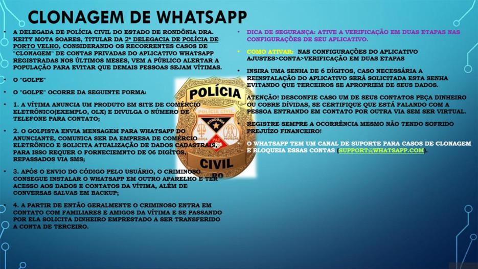 Delegada alerta e d dicas para evitar golpe de clonagem de WhatsApp, em Rondnia