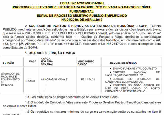 Soph está com seleção aberta para operador de máquinas e equipamentos pesados em Porto Velho