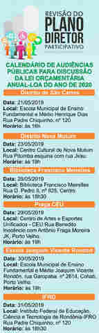 Audiências públicas para elaborar Lei Orçamentária Anual de Porto Velho iniciam nessa terça-feira