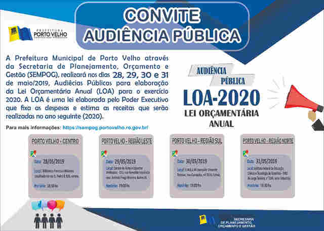 Prefeitura convida população para audiências públicas da Lei Orçamentária Anual 2020