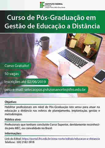 Ifro está com inscrições abertas para pós-graduação em gestão de educação à distância