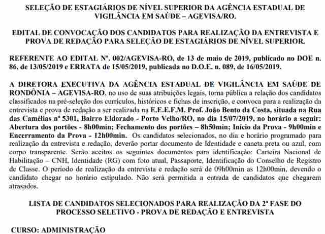 Agevisa divulga lista e convoca candidatos a estágio para a prova de redação e entrevista