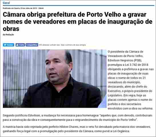 Câmara de Porto Velho revoga Lei que obrigava Prefeitura a gravar nomes dos 21 vereadores em placas de obras