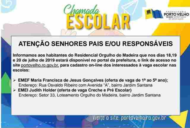 Semed inicia chamada escolar no dia 18 para vagas em escolas no Orgulho no Madeira