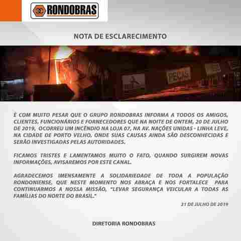 Rondobras emite nota sobre incêndio em Porto Velho