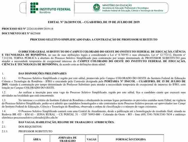 Ifro de Colorado do Oeste seleciona professores substitutos