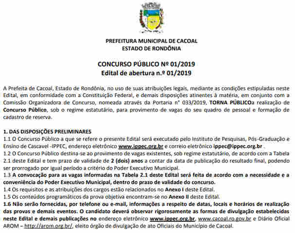 Prefeitura de Cacoal abre concurso e oferece 32 vagas
