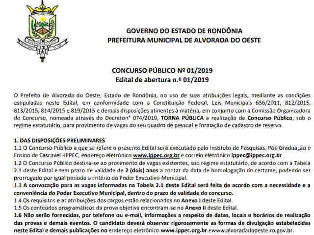 Justiça suspende concurso que seria realizado neste fim de semana em Alvorada do Oeste
