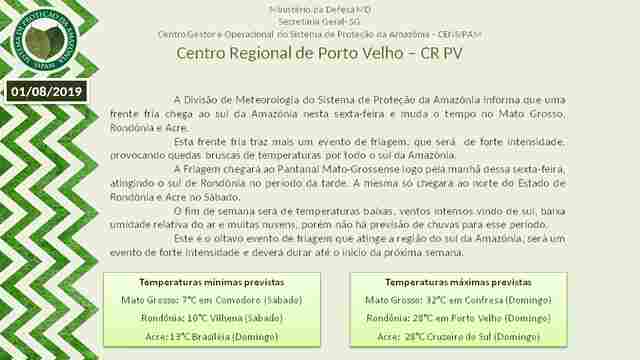 Sipam divulga boletim extraordinário alertando para o frio em Rondônia e Acre