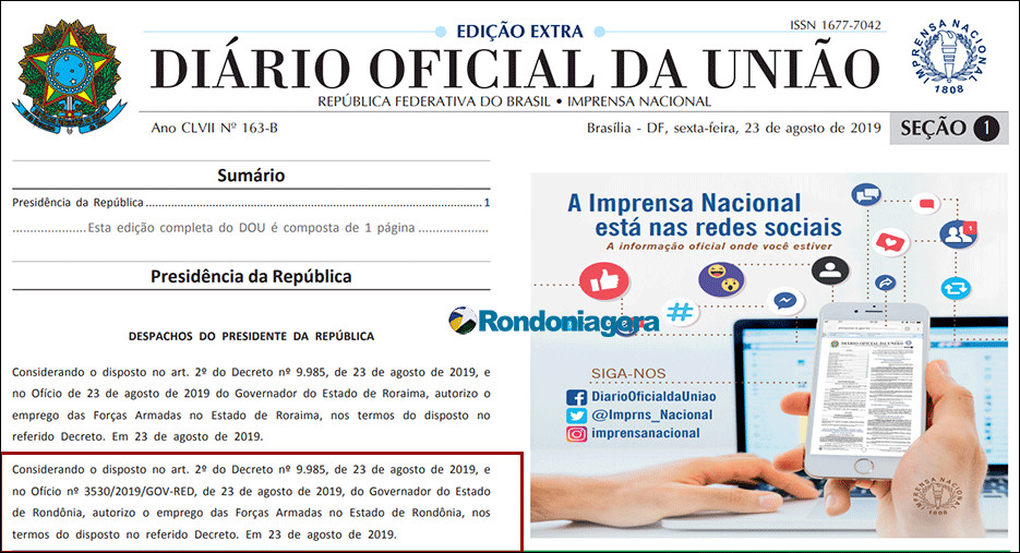 Bolsonaro autoriza Forças Armadas para combater queimadas em Rondônia