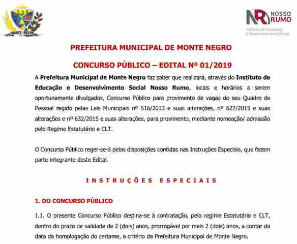 Prefeitura de Monte Negro oferece 145 vagas em concurso público