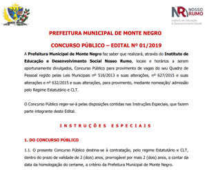 Prefeitura de Monte Negro oferece 145 vagas em concurso público