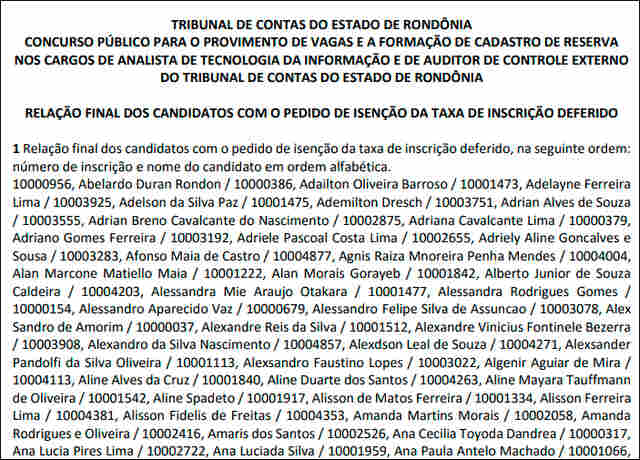 Concurso do TCE-RO: divulgada lista de deferimento de pedido de isenção de taxa de inscrição