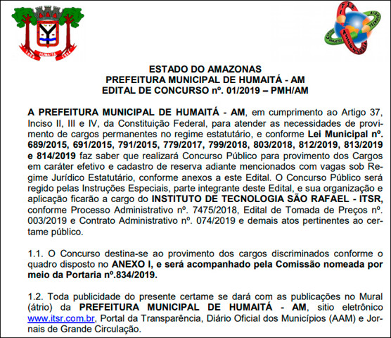 Prefeitura de Humaitá abre concurso e oferece 255 vagas