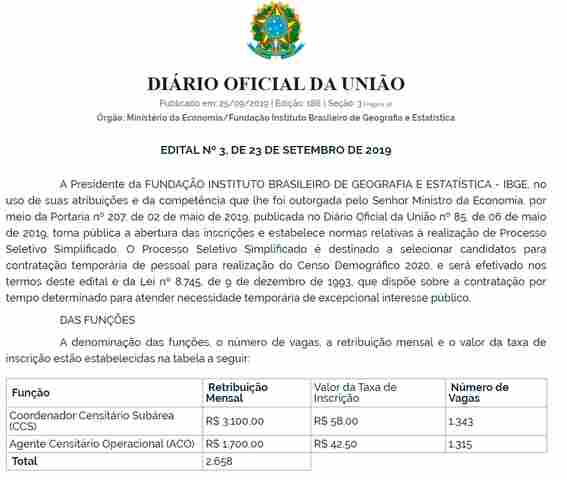 IBGE divulga  concurso com 2.658‬ vagas para os cargos de coordenador e agente censitário