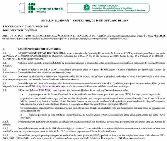 Processo Seletivo 2020/1 do Ifro oferece mais de 2.900 vagas