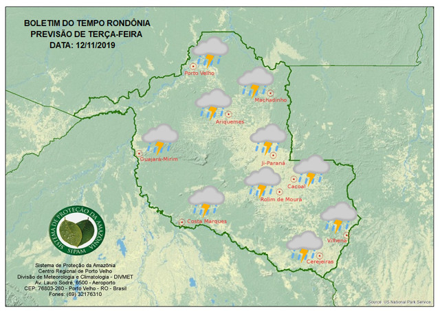 Sipam prevê chuva em todas as regiões de Rondônia nesta terça